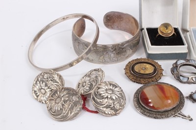 Lot 826 - Danish silver and red enamelled flower brooch, two silver bangles, four silver buttons, other silver and white metal jewellery and 9ct gold citrine ring