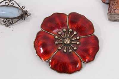 Lot 826 - Danish silver and red enamelled flower brooch, two silver bangles, four silver buttons, other silver and white metal jewellery and 9ct gold citrine ring