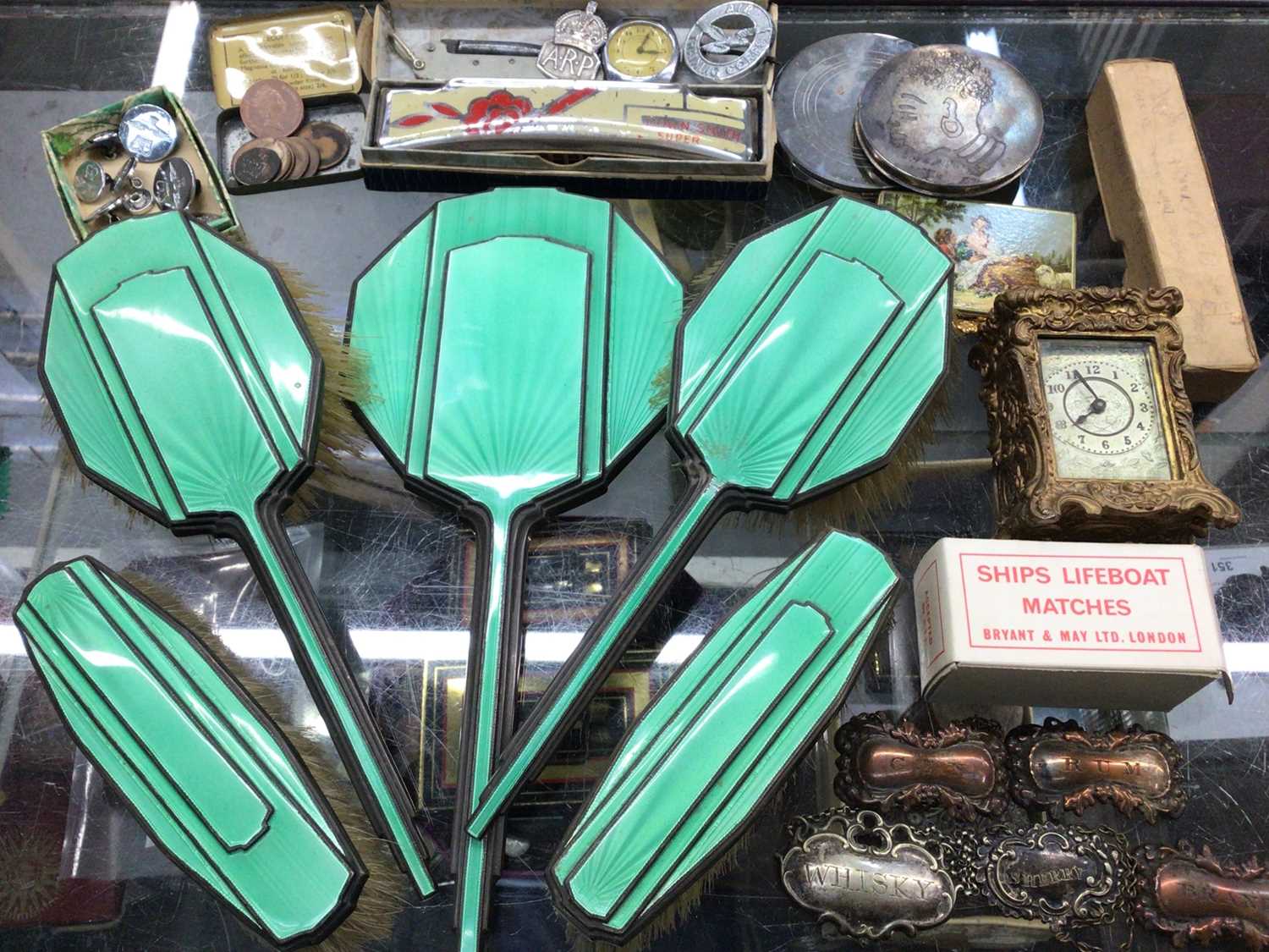 Lot 877 - Art Deco silver and green enamel five piece dressing table set