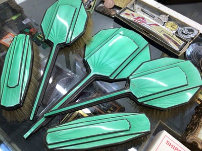 Lot 877 - Art Deco silver and green enamel five piece dressing table set