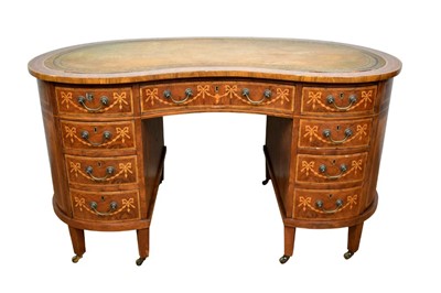 Lot 1362 - Edwardian style mahogany and marquetry inlaid kidney shaped desk