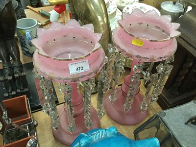 Lot 472 - Pair of pink glass lustres with prismatic drops