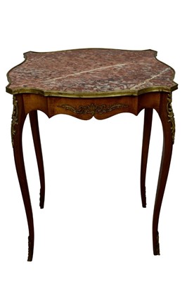 Lot 1366 - Continental walnut and gilt metal mounted marble topped side table, of serpentine form on slender cabriole legs, 56cm wide x 37cm deep x 75cm high