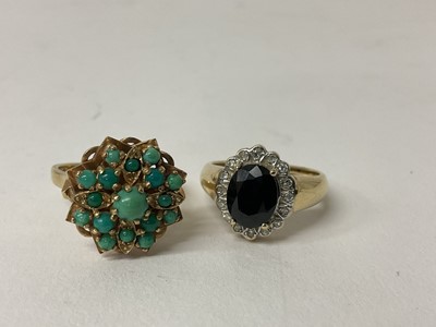 Lot 76 - 9ct gold turquoise cluster ring, size N 1/2 and a 9ct gold sapphire and diamond ring, size M 1/2 (2).