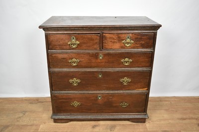 Lot 1381 - Early 18th century oak chest of drawers, with two short over three long graduated drawers on square bracket feet, 90cm wide x 47cm deep x 94cm high