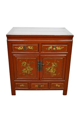 Lot 1400 - Chinese lacquered cabinet, with projecting top and side drawer, with two short drawers and cupboard doors below to the gilt floral painted front, raised on stiles, 77cm wide x 50cm deep x 86cm