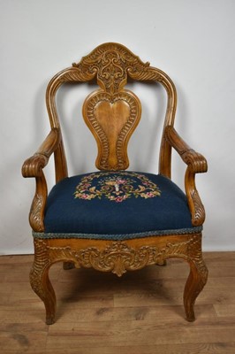 Lot 1401 - Antique Continental carved beech open armchair with carved splat back and tapestry upholstery on rococo scroll carved cabriole legs