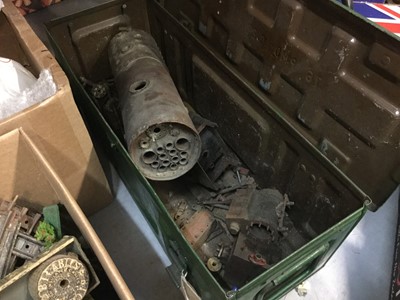 Lot 508 - Group of tin plate railway track and carriages, together with related accessories and a model engine steam boiler.