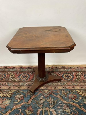 Lot 1169 - Early Victorian mahogany side table, with canted square hinged top on facetted column and triangular platform base on bun feet, 61cm wide x 71cm high