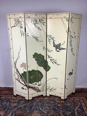 Lot 1170 - Chinese white lacquered four fold screen, decorated with water birds and foliage, 183cm high