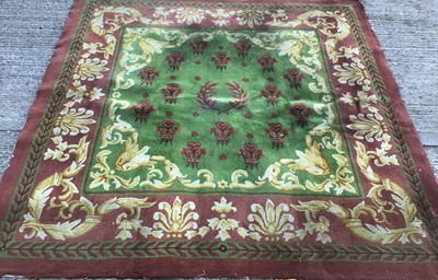 Lot 1021 - Regency revival carpet, by Stockwell Carpets, with moss green ground, Prince of Wales feathers and wreath ornament classical scroll borders, 280 x 280cm