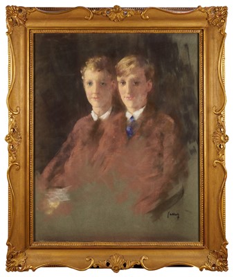 Lot 1070 - Danish School, early 20th century, coloured chalks on grey paper - double portrait of Prince George Valedmar of Denmark (1920 - 1986) and his brother Prince Flemming (1922-2002)