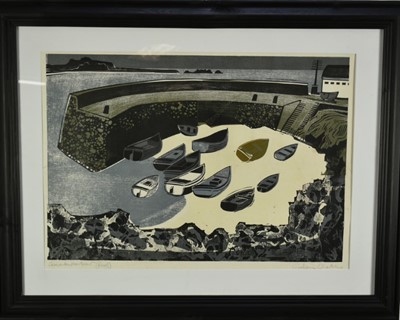 Lot 1137 - *Graham Clarke (b.1941) woodblock print - Coverack Harbour, signed artists proof, 68cm x 48cm in glazed frame