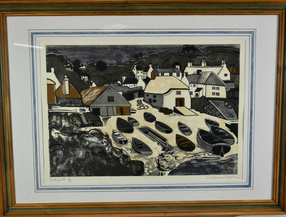 Lot 49 - *Graham Clarke (b.1941) woodblock print - Cadgwith, signed and numbered 15/50, 66cm x 46cm in glazed frame