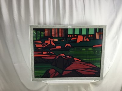 Lot 253 - Clifton Karhu woodblock print on fabric 1975, in glazed frame
