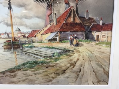Lot 185 - Louis Van Staaten (1836-1909) watercolour, Mill near Zaandam, signed, 60cm x 40cm, in glazed frame