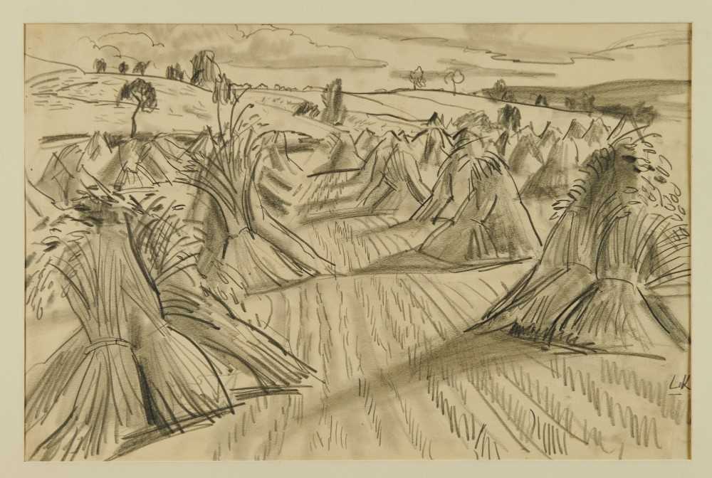 Lot 1052 - *Dame Laura Knight (1877-1970) pencil sketch - landscape with hay stooks, signed with initials, 25.5cm x 38cm