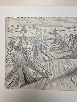 Lot 1052 - *Dame Laura Knight (1877-1970) pencil sketch - landscape with hay stooks, signed with initials, 25.5cm x 38cm