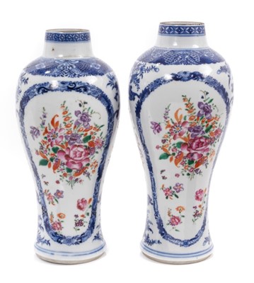 Lot 147 - Pair of 18th century Chinese blue and white porcelain vases with polychrome painted decoration.