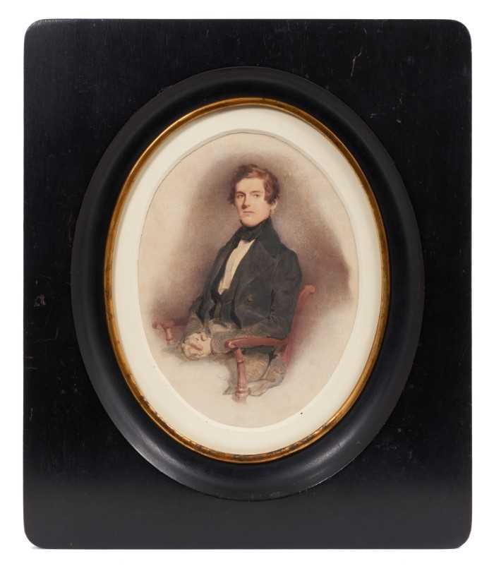 Lot 853 - Manner of David Wilkie (1785-1841) watercolour, Portrait of a young man seated, 19 x 14cm, oval, in glazed ebonised frame, label verso 'Sir David Wilkie, died at sea 1841, picture painted Aug 19, 1...