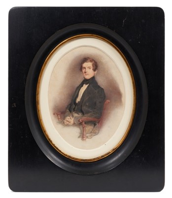 Lot 853 - Manner of David Wilkie (1785-1841) watercolour, Portrait of a young man seated, 19 x 14cm, oval, in glazed ebonised frame, label verso 'Sir David Wilkie, died at sea 1841, picture painted Aug 19, 1...