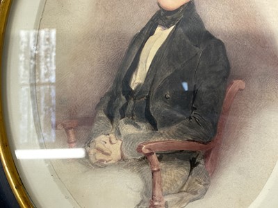 Lot 853 - Manner of David Wilkie (1785-1841) watercolour, Portrait of a young man seated, 19 x 14cm, oval, in glazed ebonised frame, label verso 'Sir David Wilkie, died at sea 1841, picture painted Aug 19, 1...