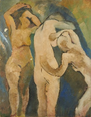 Lot 1151 - Dorothy Mead (1928-1975) oil on canvas - three figures, dated '70, 71.5cm x 91.5cm, unframed