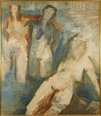 Lot 1156 - Dorothy Mead (1928-1975) oil on canvas - Three bathers, signed and dated '62, 114cm x 132cm, framed