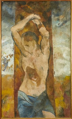 Lot 1158 - Dorothy Mead (1928-1975) oil on canvas - Lacrimosa, crucifixion, signed and dated '71, 77cm x 127.5cm, framed