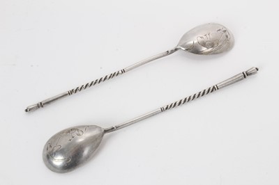 Lot 307 - Pair late Imperial Russian silver spoons, with teardrop bowls, engraved on the reverse and twisted stems. Bowls with 84 Zolotnik marks (1908 - 1917). 14.5cm overall length.