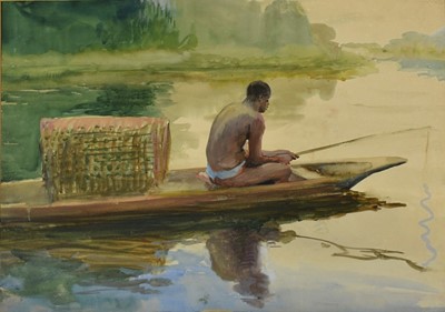 Lot 1003 - *Gerald Spencer Pryse (1882-1956) watercolour - Fisherman Oluwa River, 38.5cm x 54cm, titled verso, unframed