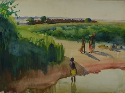Lot 1010 - *Gerald Spencer Pryse (1882-1956) watercolour - riverbank, Nigeria, 38.5cm x 54cm, titled verso 'Lah?', unframed