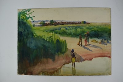 Lot 65 - *Gerald Spencer Pryse (1882-1956) watercolour - riverbank, Nigeria, 38.5cm x 54cm, titled verso 'Lah?', unframed