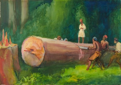 Lot 1012 - *Gerald Spencer Pryse (1882-1956) watercolour - Magogany Log Sawing, 38.5cm x 54cm, titled and inscribed verso 'Ekki Mahogany Tree being sawn into logs', unframed