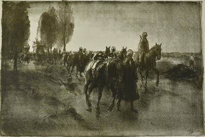 Lot 1026 - *Gerald Spencer Pryse (1882-1956) black and white lithograph - Indians and motor buses near Poperinge, signed and titled below in pencil, 34cm x 50cm, unframed