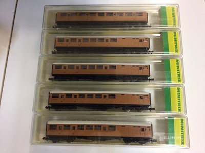 Lot 331 - Minitrix N gauge LNER blue 4-6-2 Class A4 "Sir Nigel Gresley" tender locomotive 4498, boxed N214 and coaches 13013 (x4) plus 13014, all boxed