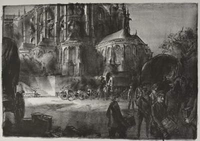 Lot 1034 - *Gerald Spencer Pryse (1882-1956) black and white lithograph - British at Le Mans Cathedral 1914, 45cm x 65cm, signed in pencil below, unframed