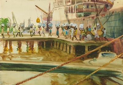 Lot 1043 - *Gerald Spencer Pryse (1882-1956) watercolour - Unloading Salt, Burutu, 38.5cm x 54.5cm, titled verso, unframed
