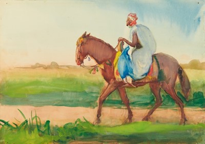 Lot 1047 - *Gerald Spencer Pryse (1882-1956) watercolour - man on horseback, 38.5cm x 54cm, titled verso 'Habou Baka', unframed