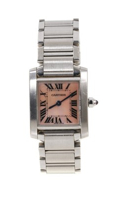 Lot 576 - Ladies' Cartier Francaise quartz wristwatch mother of pearl dial with Roman numerial hour markers, blued hands and pink sapphire set winding crown