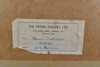 Lot 1044 - *John Cyril Harrison (1898-1985) watercolour - French Partidges, signed, 55cm x 75cm, in glazed gilt frame 
Provenance: The Tryon Gallery Ltd., Dover Street, London