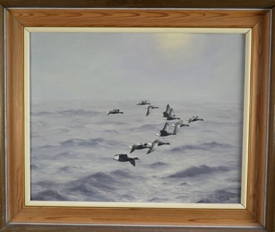 Lot 991 - Julian Novorol (b.1949) oil on board - North Sea Crossing, Brent Geese, signed and dated 1978, 40cm x 50cm, framed