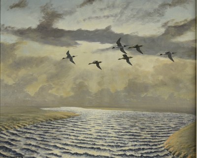 Lot 992 - Julian Novorol (b.1949) oil on board - Pintail on a windy afternoon, signed and dated 1978, 49cm x 59cm, framed