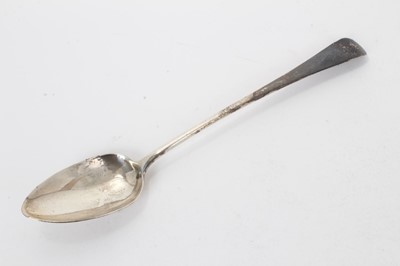 Lot 337 - George III silver Old English pattern serving spoon, engraved initials and armorial crest