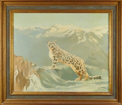 Lot 995 - Leonard Pearman (1912-2002) oil on canvas - Snow Leopard, signed, 65cm x 76cm, in gilt frame