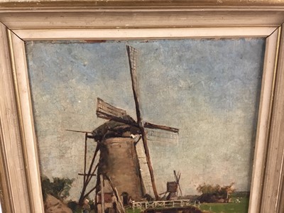 Lot 257 - John S. Gilduclack, late 19th century, oil on board - a windmill, Switzerland, titled and dated 1884 verso, 42cm x 34cm, framed