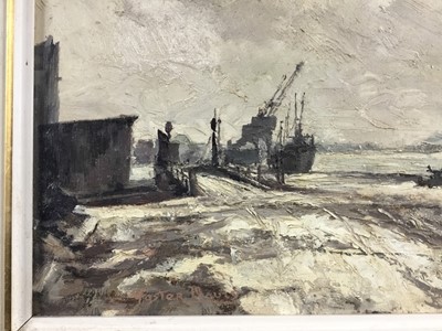 Lot 256 - Foster Davis, 20th century, oil on board of a shipyard in winter, 30cm x 40cm, together with two Foster Davis Norfolk lanscapes,28cm x 38cm, each signed and framed (3)