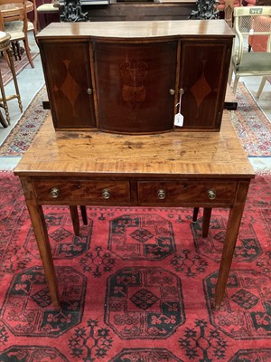 Lot 1448 - Early 19th century mahogany and barber-pole strung bonheur du jour, the fitted superstructure enclosed by three marquetry inlaid doors, with two frieze drawers on square tapered legs, 74.5cm wide x...