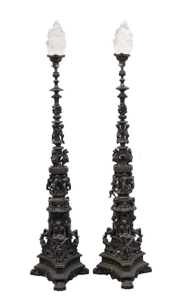 Lot 1450 - Fine pair of 19th century Venetian bronze standard lamps, converted for electricit