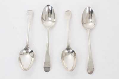 Lot 343 - Set of four George III Old English pattern table spoons, with a cannon armorial crest.